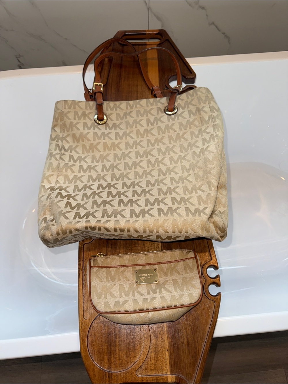 Michael Kors Beige MK Logo Tote with Brown Leather Straps and Matching Wristlet